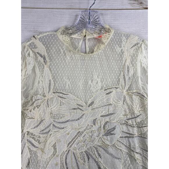 Free People Tunic Dress S Cream Floral Lace Mesh 3/4 Sleeve Vintage Look Boho - Picture 2 of 15
